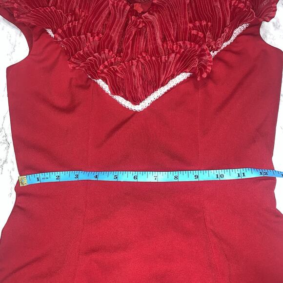 LAN Red Off Shoulder Ruffled Sleeveless Midi Slit Cocktail Evening Party Dress - Picture 7 of 10